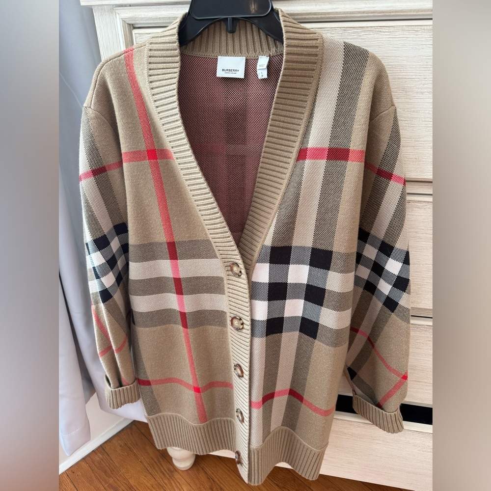 Burberry Beige and Red Checkered Cardigan